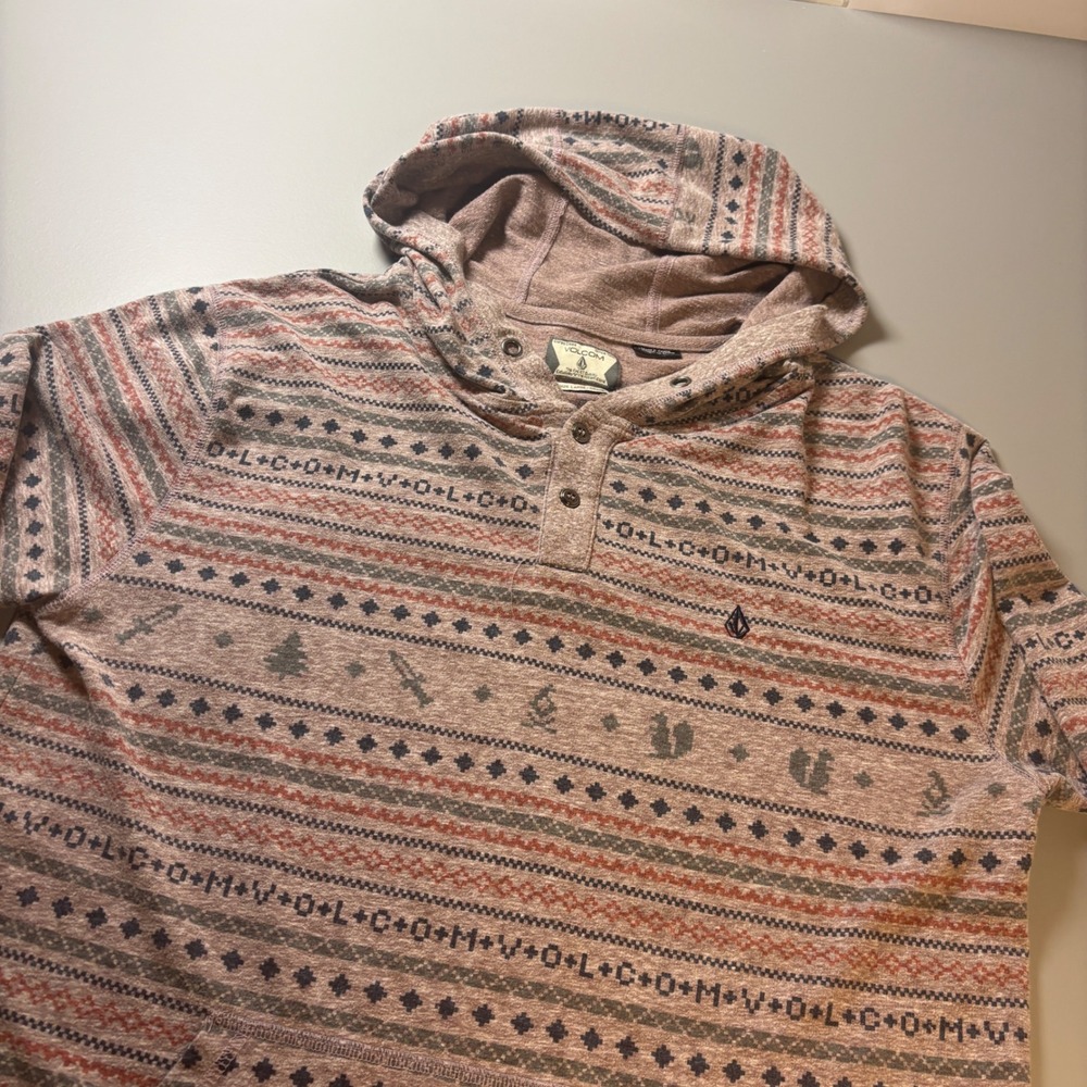 Volcom Ole Hooded Henley Long Sleeve Pullover Top Fair Isle Print Large